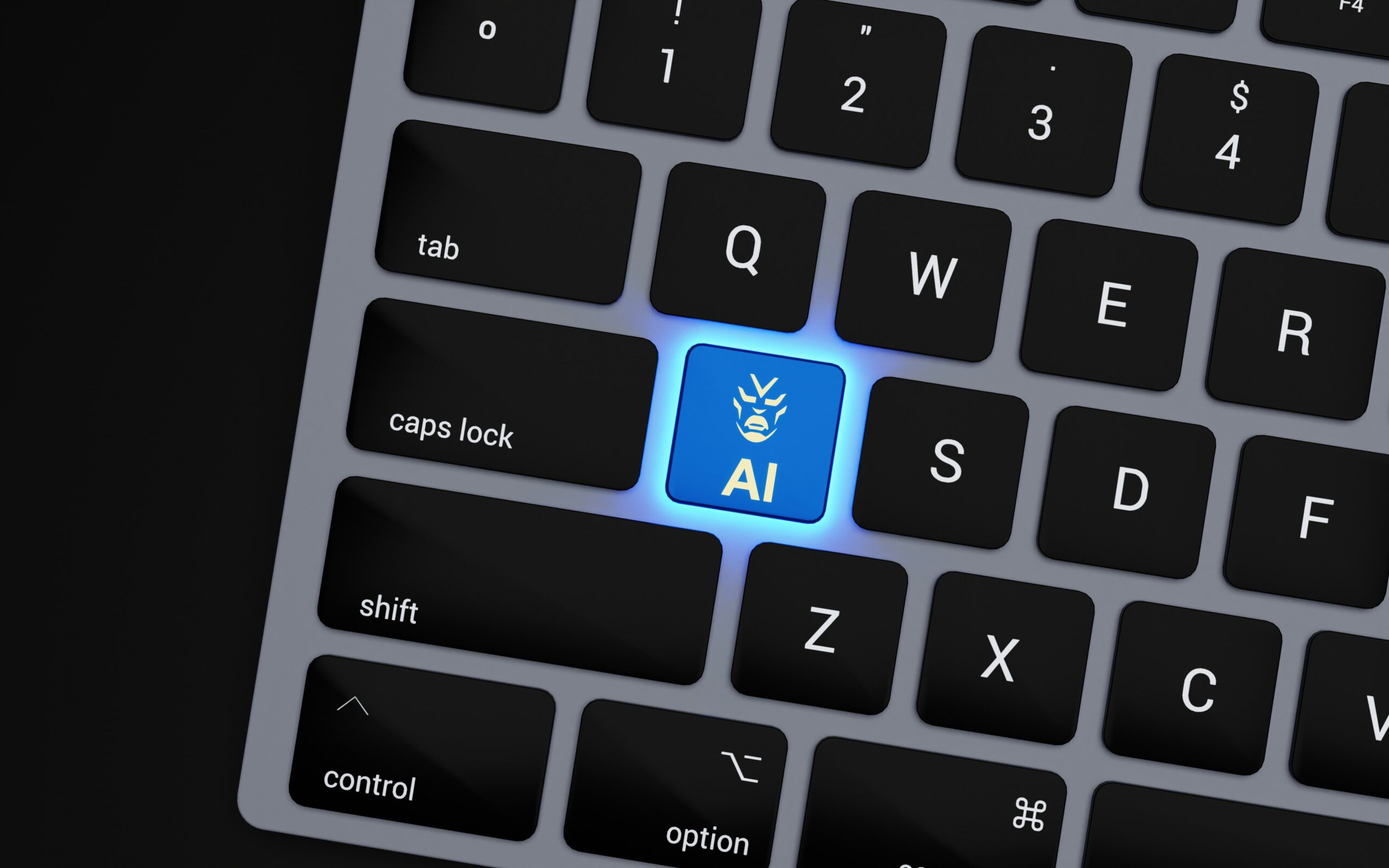 5-New-Trends-from-a-Study-on-the-State-of-AI-at-Work-scaled.jpg a close up of a keyboard with a blue button